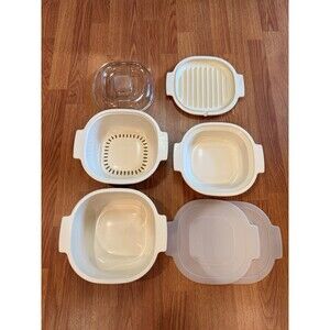 Rubbermaid Microwave Cookware 7 Piece Set Almond Space Saving Stackable Vintage